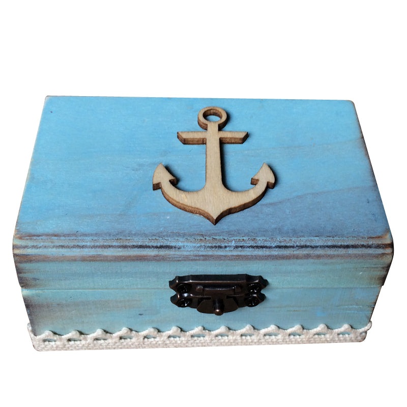 Wooden Mediterranean Anchor Rectangular Ring Box – Sea Blue Wooden Ring Bearer Box