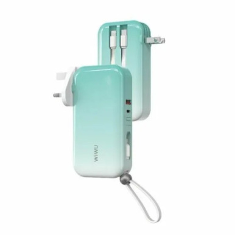 WIWU JC-23 3 In 1 US+UK+EU 22.5W Quick Wall Charger And 10000 mAh Power Bank With Built-in Cable – Green | JC-23-GN