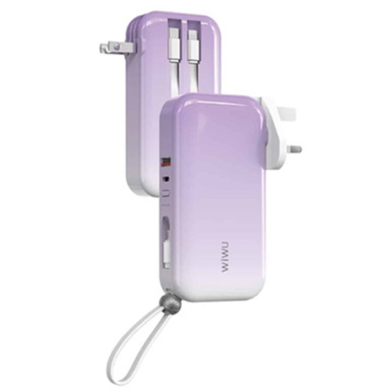 WIWU JC-23 3 In 1 US+UK+EU 22.5W Quick Wall Charger And 10000 mAh Power Bank With Built-in Cable – Purple | JC-23-PR