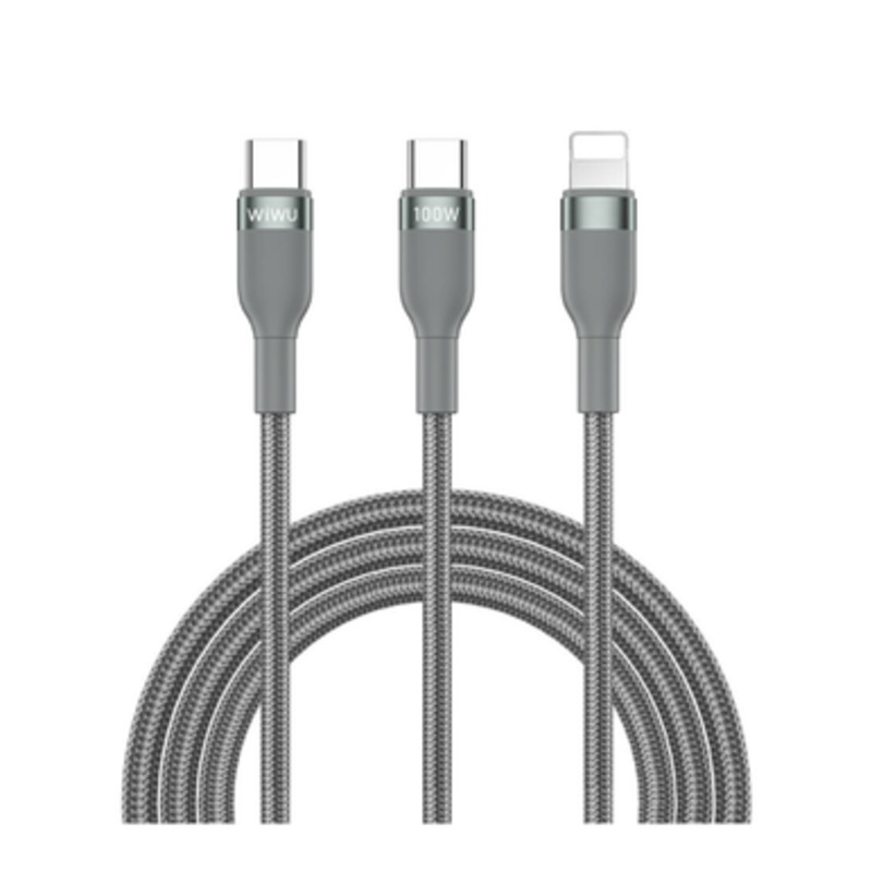 WIWU Wi-C029 Concise Type-C to Type-C + Lightning 100W Charging Cable, Gray | Wi-C029