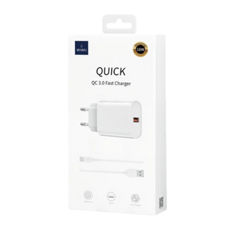 WIWU 18W Fast Charger with USB-A to USB-C Cable – EU plug, White | Wi-U022