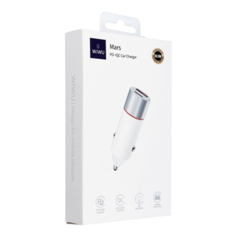 WIWU 52.5W USB+USB C Car charger Wi-QC022 – White | WI-QC022-WT