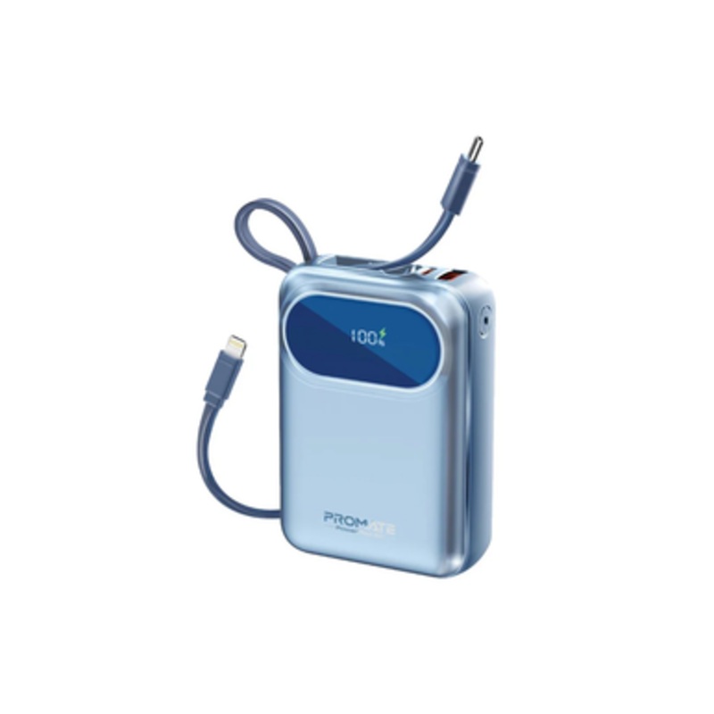 Promate Ultra Compact 35W SuperSpeed Power Bank with Built-In USB-C & Lightning Cable – Blue | POWERPOD-20.BLUE