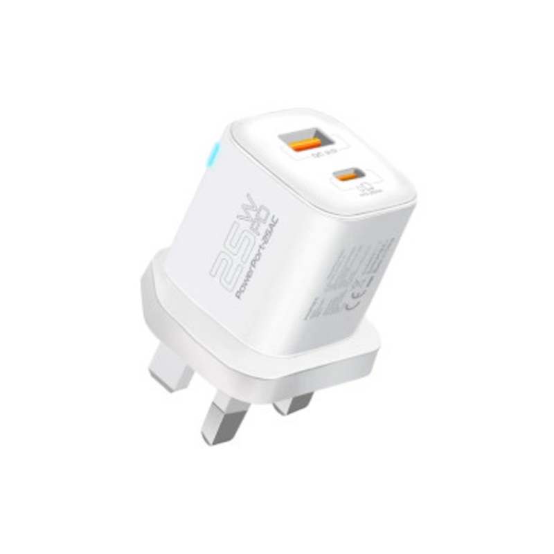 Promate Ultra-Fast Dual Port AC Charger with 25W Power Delivery and QC 3.0 , White | PowerPort-25AC.EU-WT