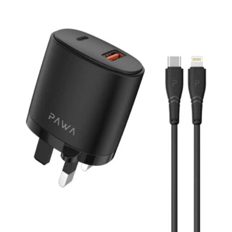 Pawa Dual PD and QC Port Charger With USB-C to Lightning Cable, Black | PW-PDQC3CL-BK