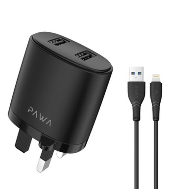 Pawa Dual USB Port Charger With Lightning Cable, Black | PW-24AIUKL-BK