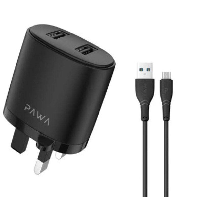 Pawa Dual USB Port Charger With Micro Cable, Black | PW-24AIUKM-BK