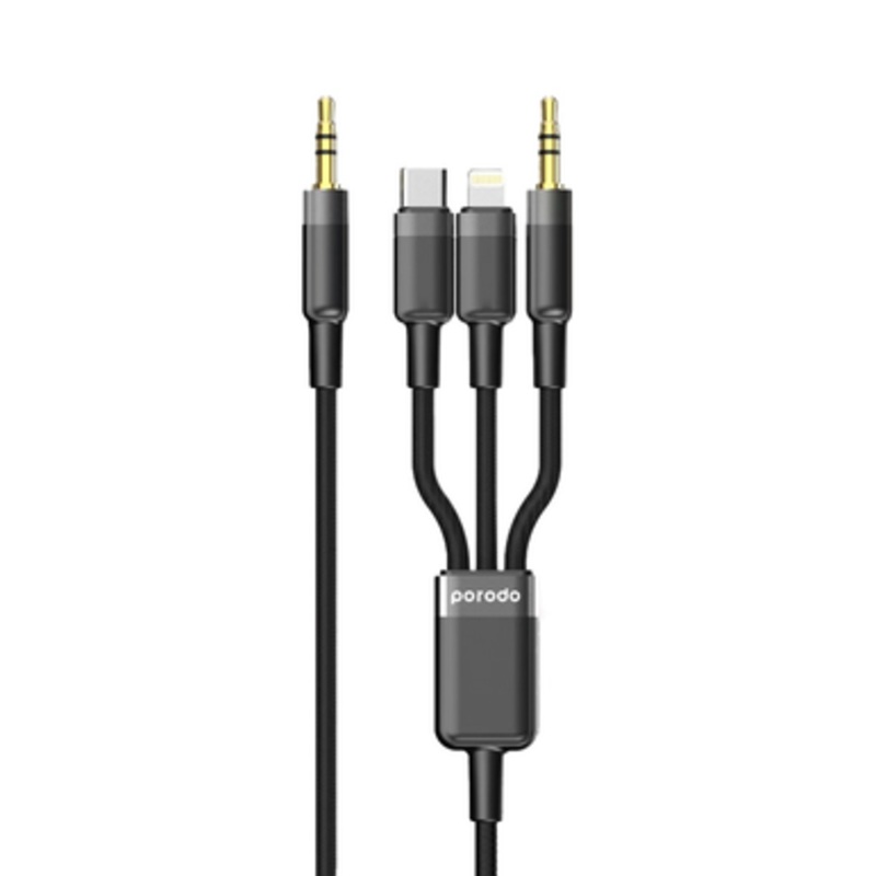 Porodo 3in1 Aux 3.5 to 3.5+C+Lightning Cable – 1.2M |  PD-AUX3N1-BK