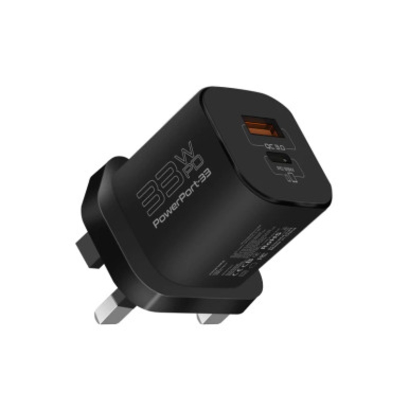 Promate 33W Power Delivery GaNFast Charging Adapter , Black  | POWERPORT-33.EU.BLACK