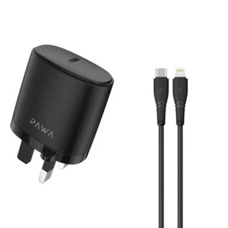 Pawa 20W PD Port Charger With Type-C to Lightning Cable, Black | PW-PDUKCL-BK