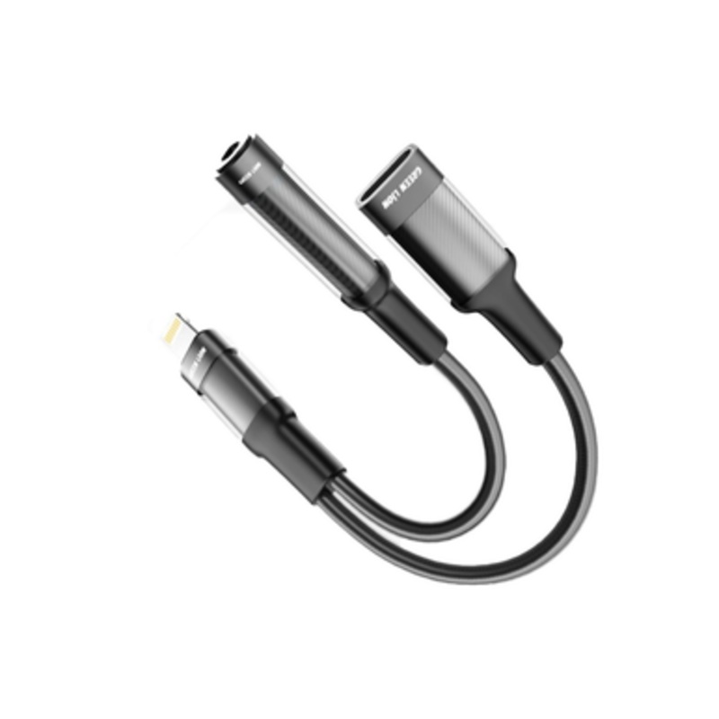 Green Lion Lightning To Lightning /3.5 (Audio) Earphone and Charging Cable | GNEARADLTLAUXBK
