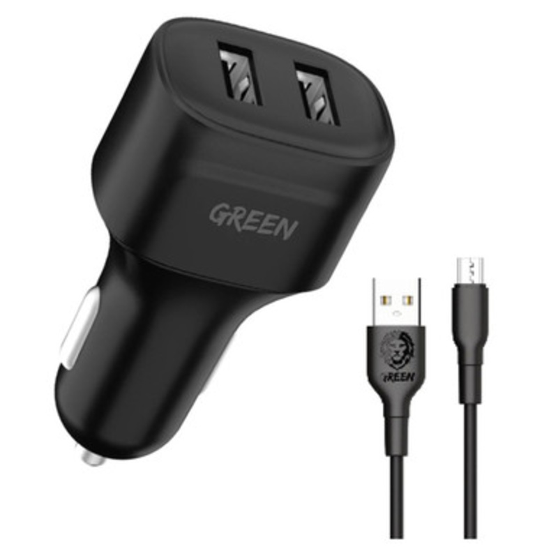 Green Dual Port Car Charger 12W with PVC Micro USB Cable 1.2M – Black | GNCC24MCRBK
