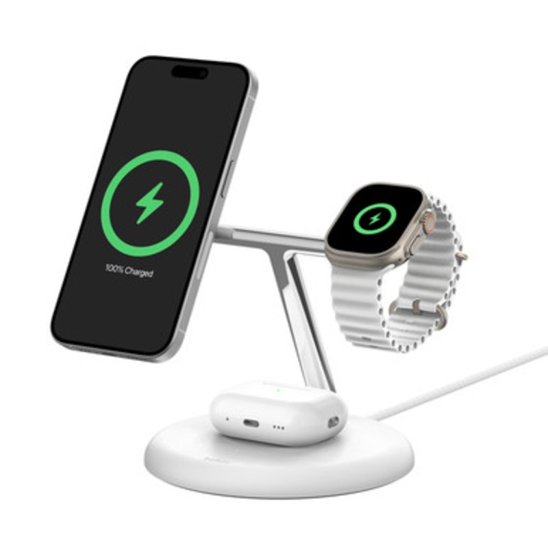 Belkin BoostCharge Pro 3-in-1 Magnetic Wireless Charging Stand with Qi2 15W  White | WIZ023VFWH