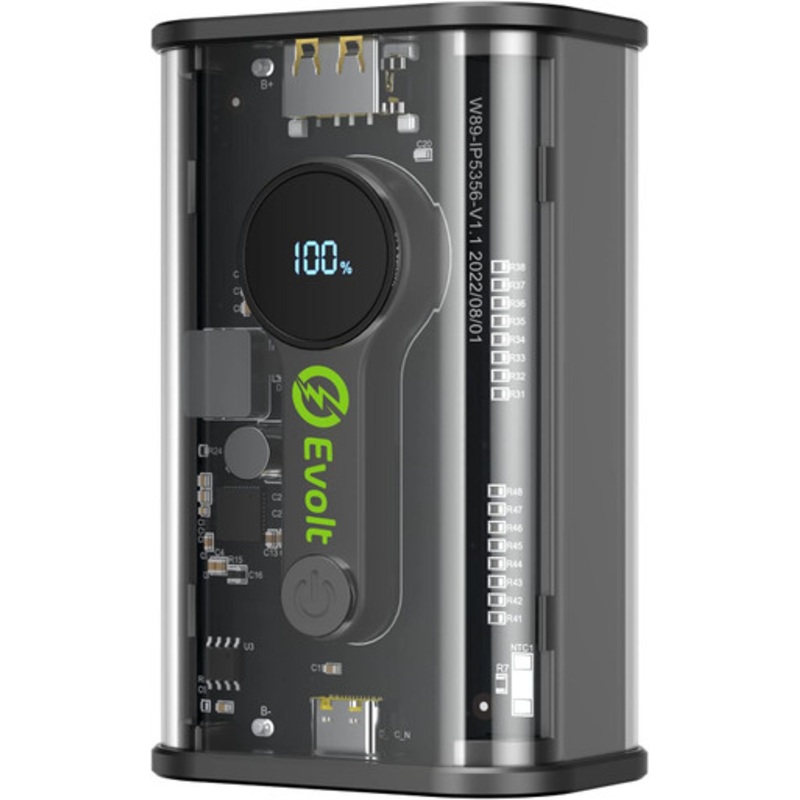 Evolt PB-200 Compact 10,000 mAh Transparent Powerbank with Type-C (PD) & USB-A outputs for fast charging & Digital Battery Display