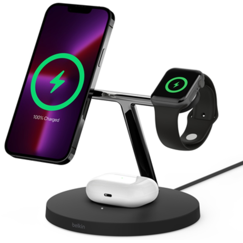 Belkin 3-in-1 Wireless Charger with Official MagSafe Charging 15W,Black | WIZ017VFBK