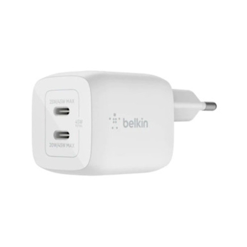 Belkin Boost  Charge PRO Dual USB-C  GaN Wall Charger with PPS 45W,White | WCH011VFWH