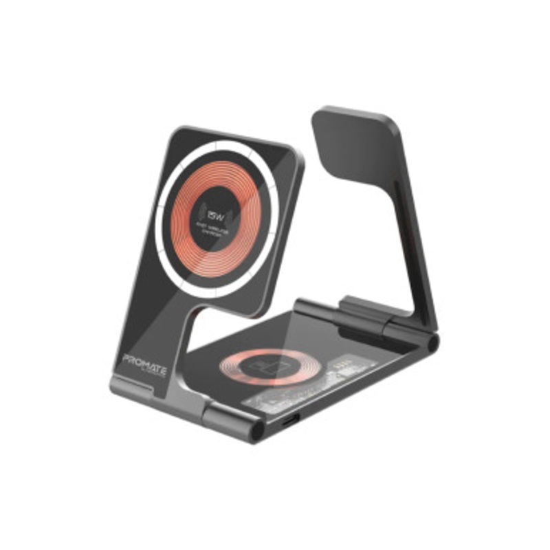 Promate Ultra-Slim Transparent Foldable 15W MagSafe Compatible Wireless Charging Station | AuraFold-Trio