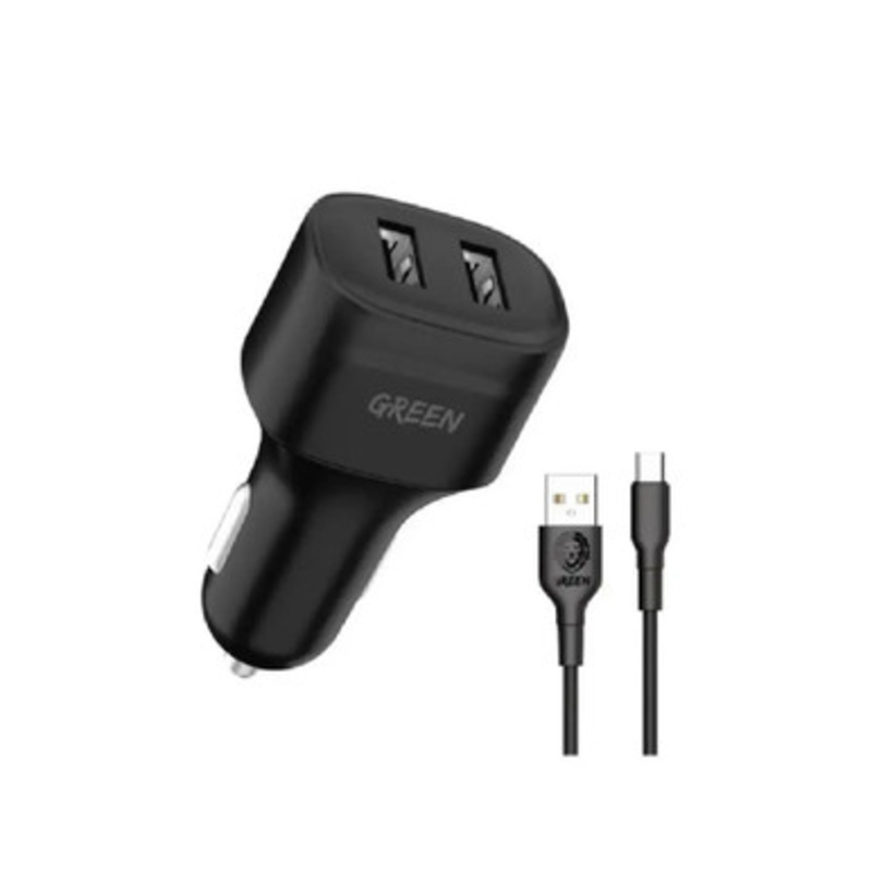 Green Compact car charger Dual Port fast charger + Cable USB to Lightning,Black | GNCC24IP6BK