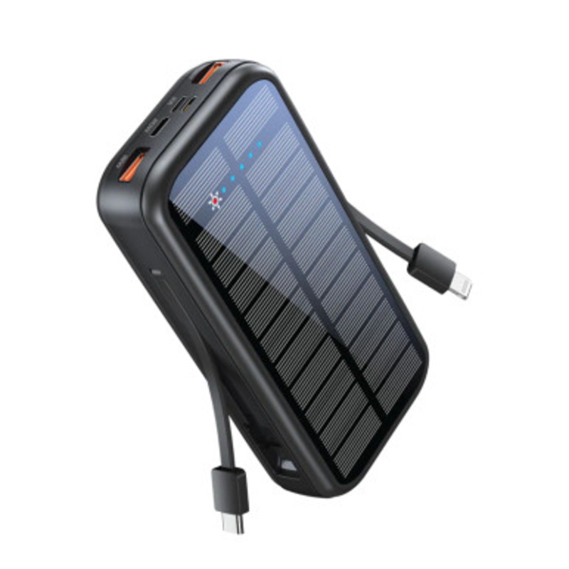Promate 20000mAh EcoLight Solar Power Bank with Built-in USB-C and Lightning Cables | SolarTank-20PDCi