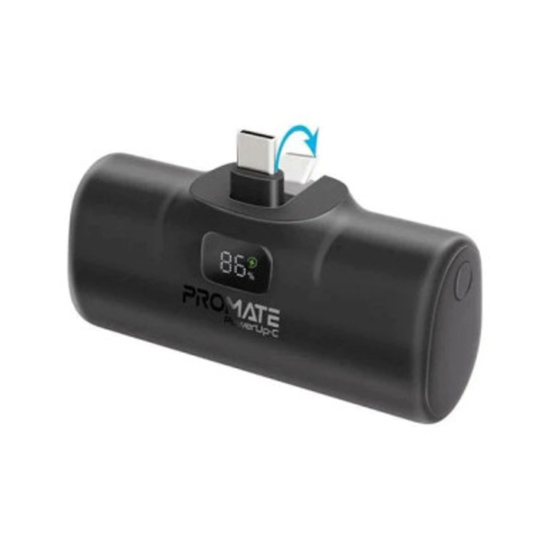 Promate Mini Power Bank 5000 mAh with Built-in Type-C Port 20W , Black | POWERUP-C.BLACK