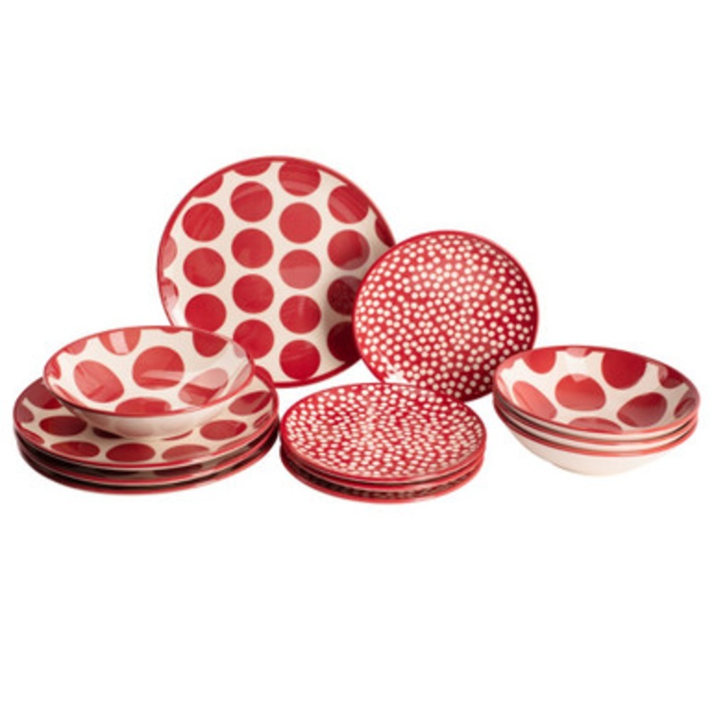 Benetton Home Set 12Pcs Tableware (4Xdinner Plate 27cm 4xdeep Plate 21cm 4x Dessert Plate 19cm) Stoneware Red Dots |  BE-2063