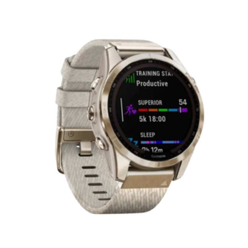 Garmin fnix 7S Sapphire Solar – Cream Gold Titanium with Cream Heathered Nylon Band – 42mm – Sapphire Solar | 010-02539-39