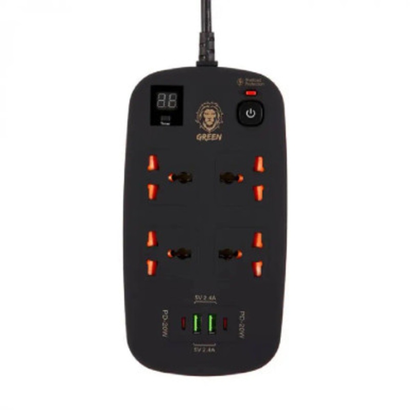 Green 4 AC 2 USB & 2 USB-C PD 40W Multiport Smart Power Socket 3500W (3M) , Black | GNPS2PDBK