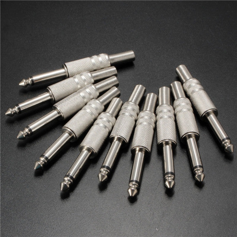 10Pcs 1/4inch Metal Male Monaural Audio Cable Jack Connector Plugs