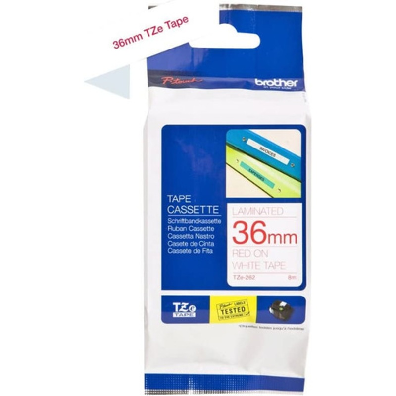 Brother TZe-262 Labelling Tape Cassette, Laminated, Genuine Supplies, Red on White, 36 mm (W) x 8 m (L) | TZE-262