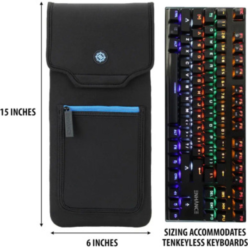 Enhance Keyboard Sleeve Travel Case for TKL Tenkeyless Compact Tournament Esports Gaming Keyboards (up to 15 Inches) – Rugged Neoprene Construction, Zipper Mouse Storage and Cable Storage Pouch | ENPCCNT100BKEW